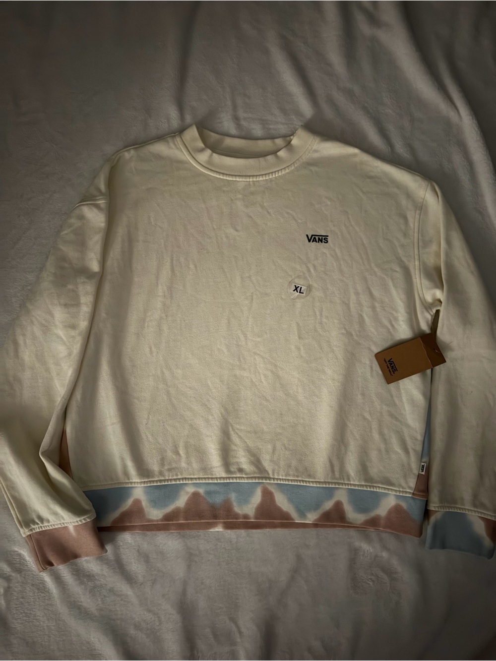 Vans Cream Crewneck Sweatshirt with Blue and Brown Tie-Dye Hem - NWT